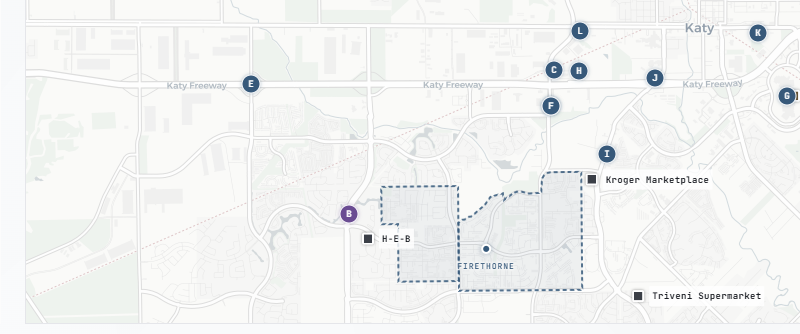 Real Around Town capture from the live Firethorne edition — lettered business markers, the subdivision outline, and grocery landmarks
