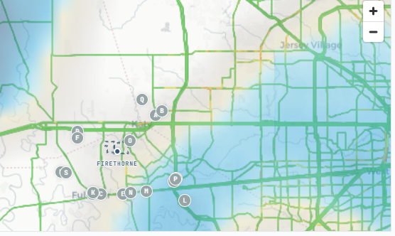 Real traffic flow capture from the live Firethorne edition — flow-colored roads and lettered incident pins around the neighborhood